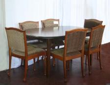 A0817  Dining table and six chairs with centre leaf extension        $295