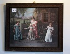   Painting - Victorian scene Print
Interesting wooden frame, in moderately good condition      $60