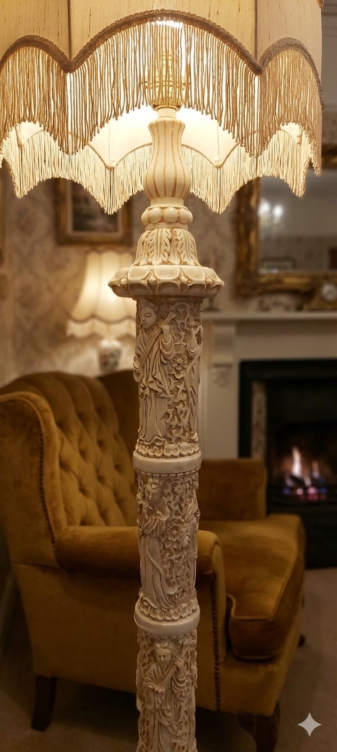 "Faux Ivory" Carved Floor Lamp with Original Tassel Shade (Hollywood Regency Style)