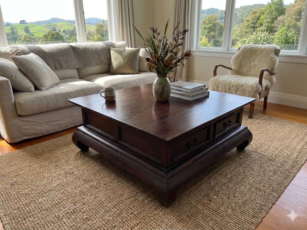 Large Mahogany Bali Style Opium Leg Coffee Table with 4 Drawers
