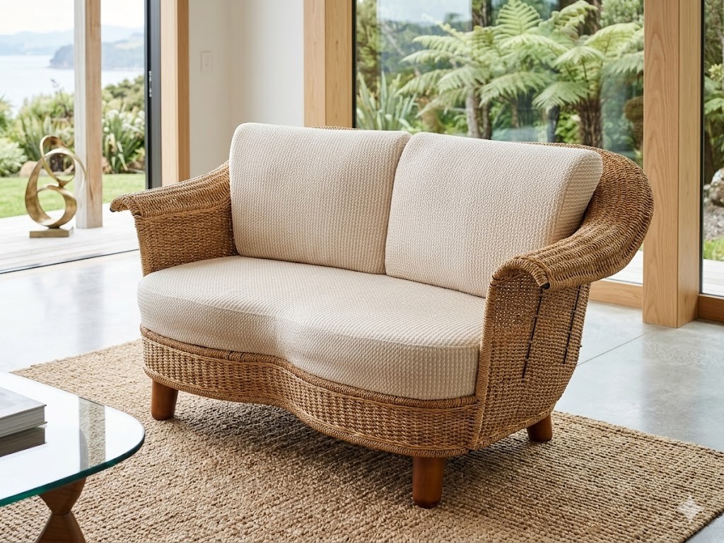 Vintage Woven Wicker Kidney-Shaped 2-Seater Sofa