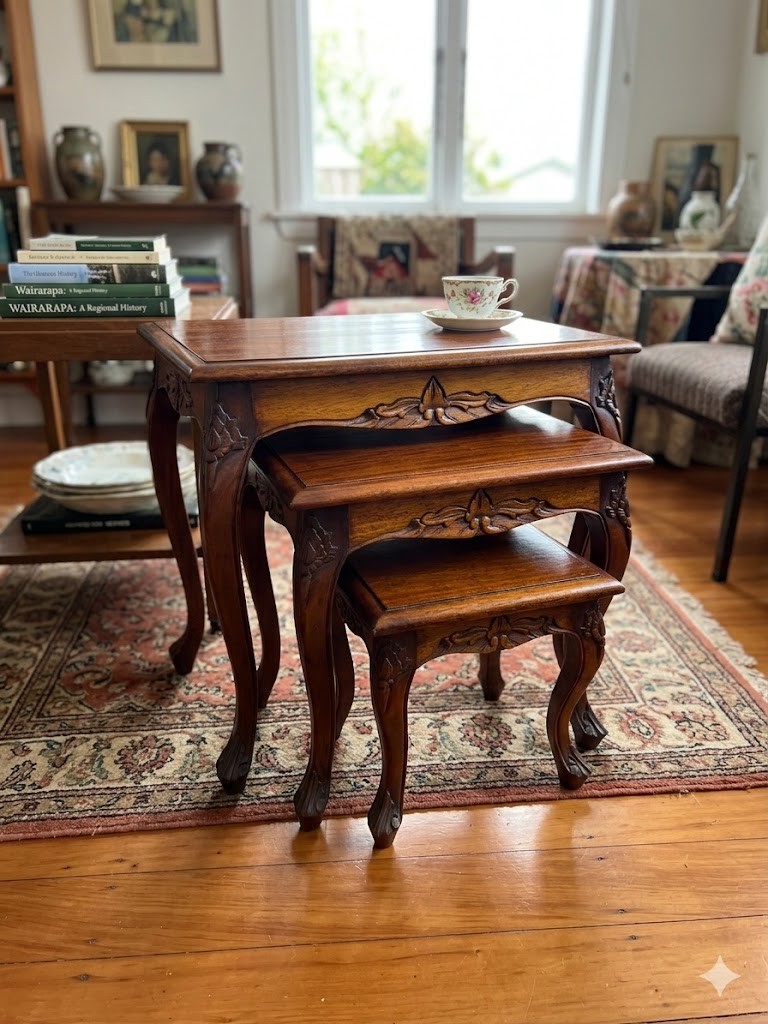 Vintage Carved Teak Nesting Tables (Set of 3)