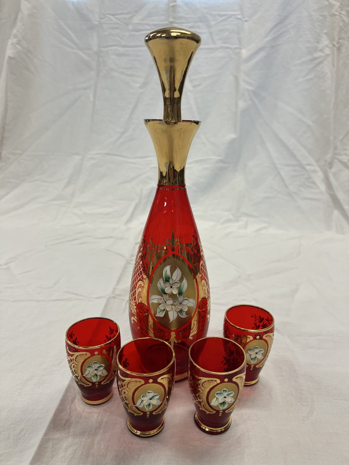 Vintage Mid-Century Italian Murano Tre Fuochi Red Decanter Set