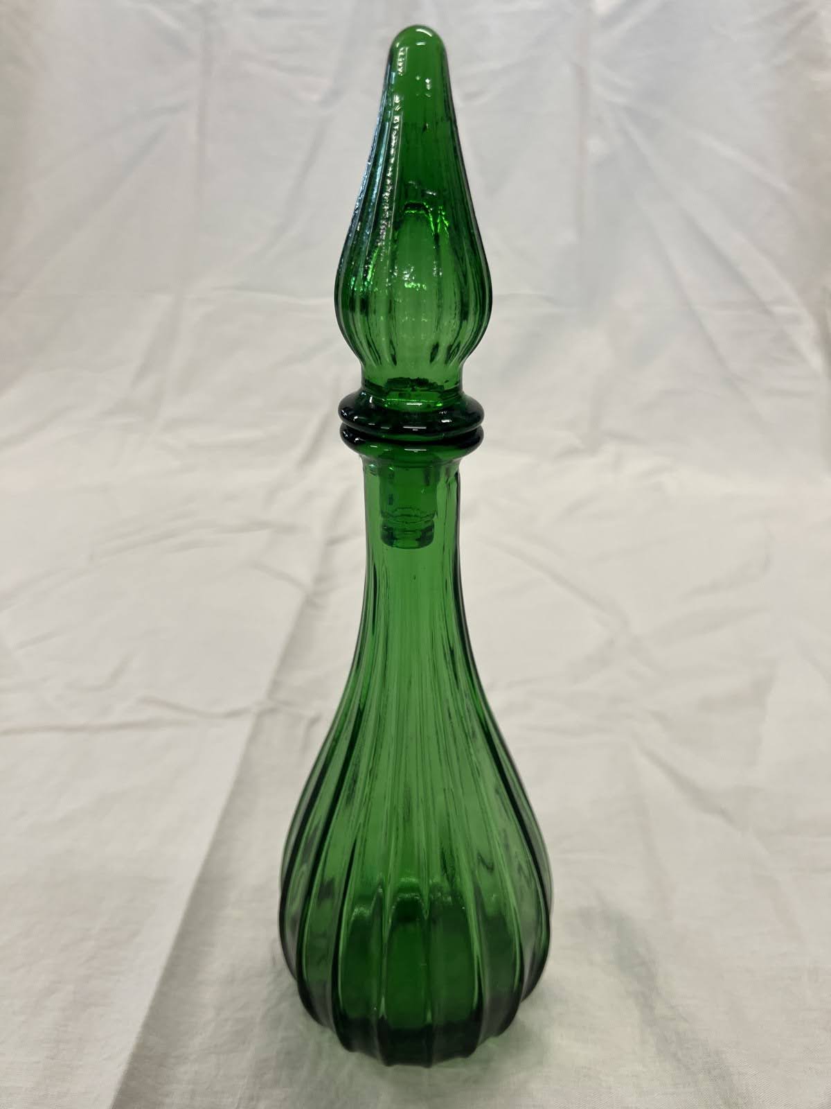 Vintage Mid-Century Green Ribbed Glass Decanter with Stopper