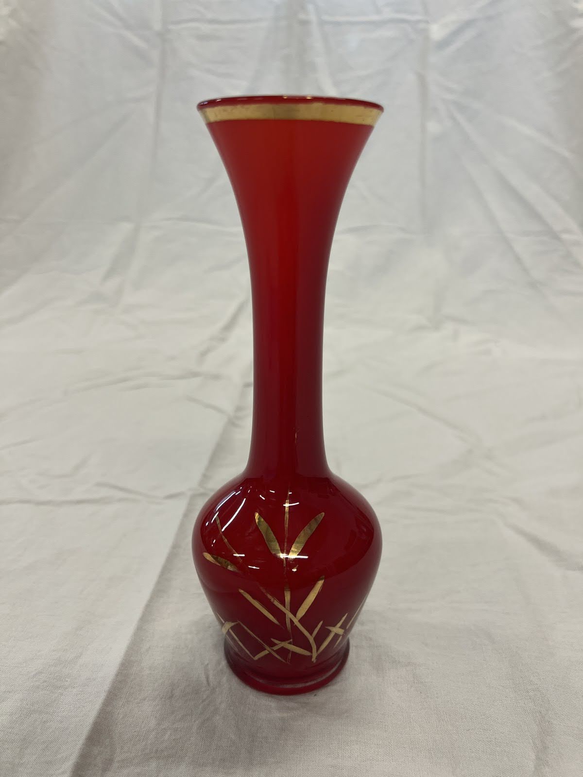 Vintage Ruby Red Glass Vase with Gold Detailing
