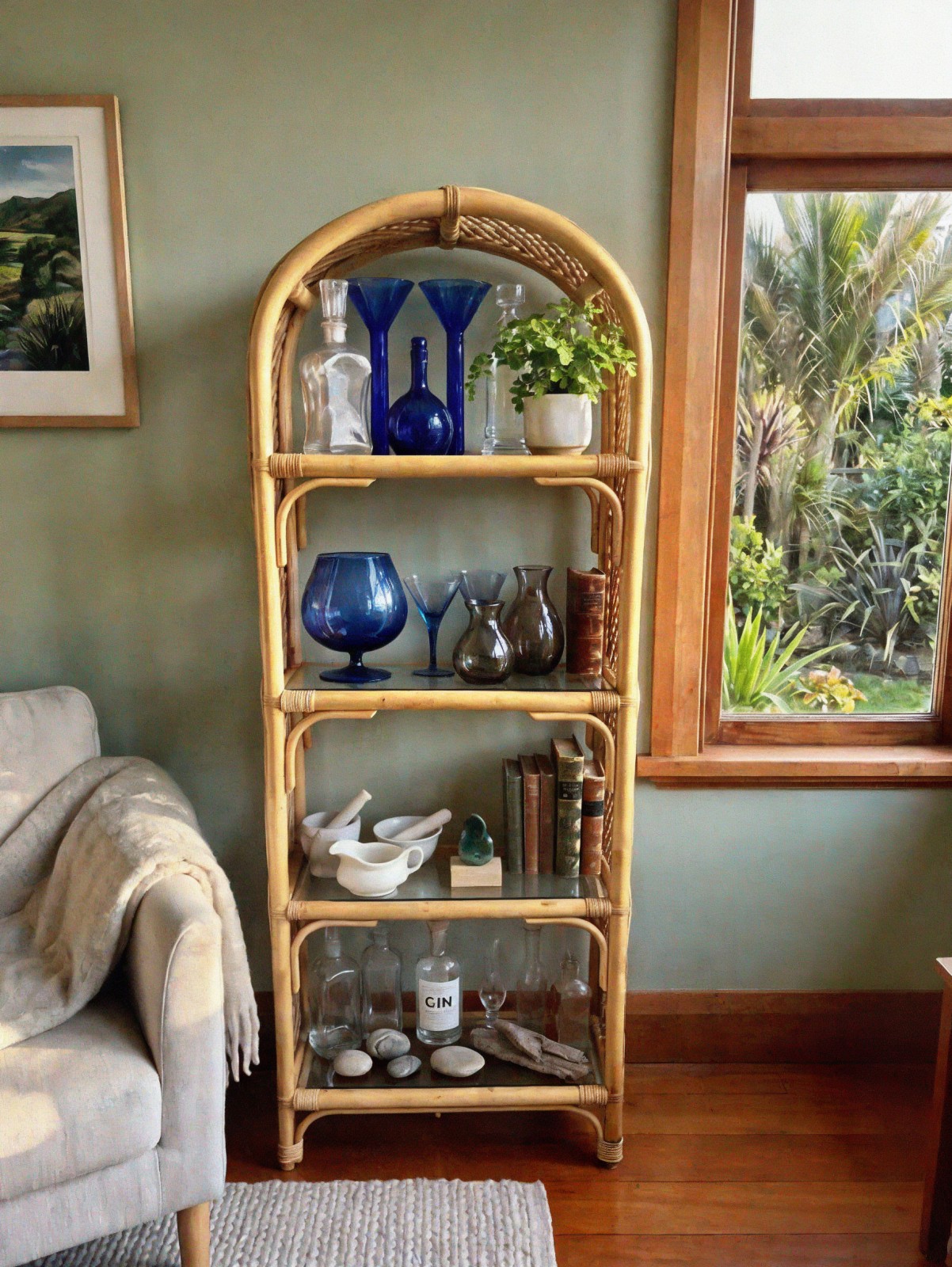 Vintage Arched Cane & Glass Display Shelf