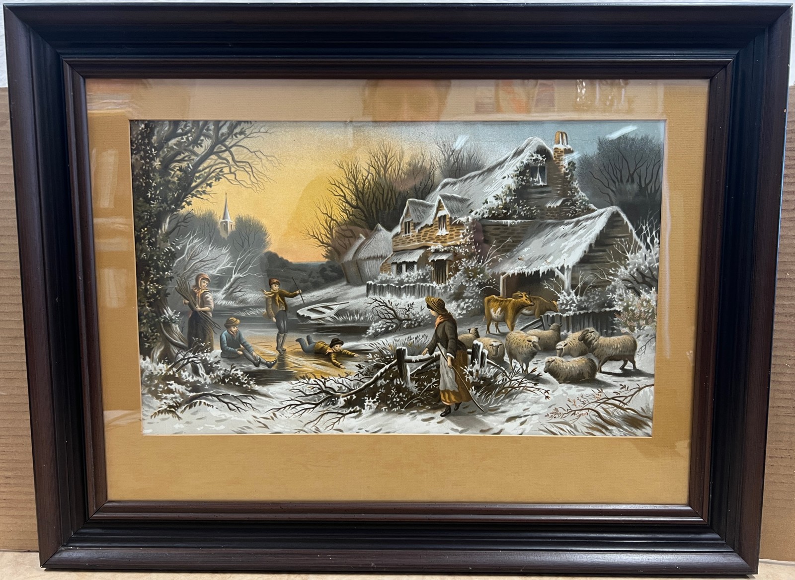 Vintage Framed Victorian Winter Village Art Print