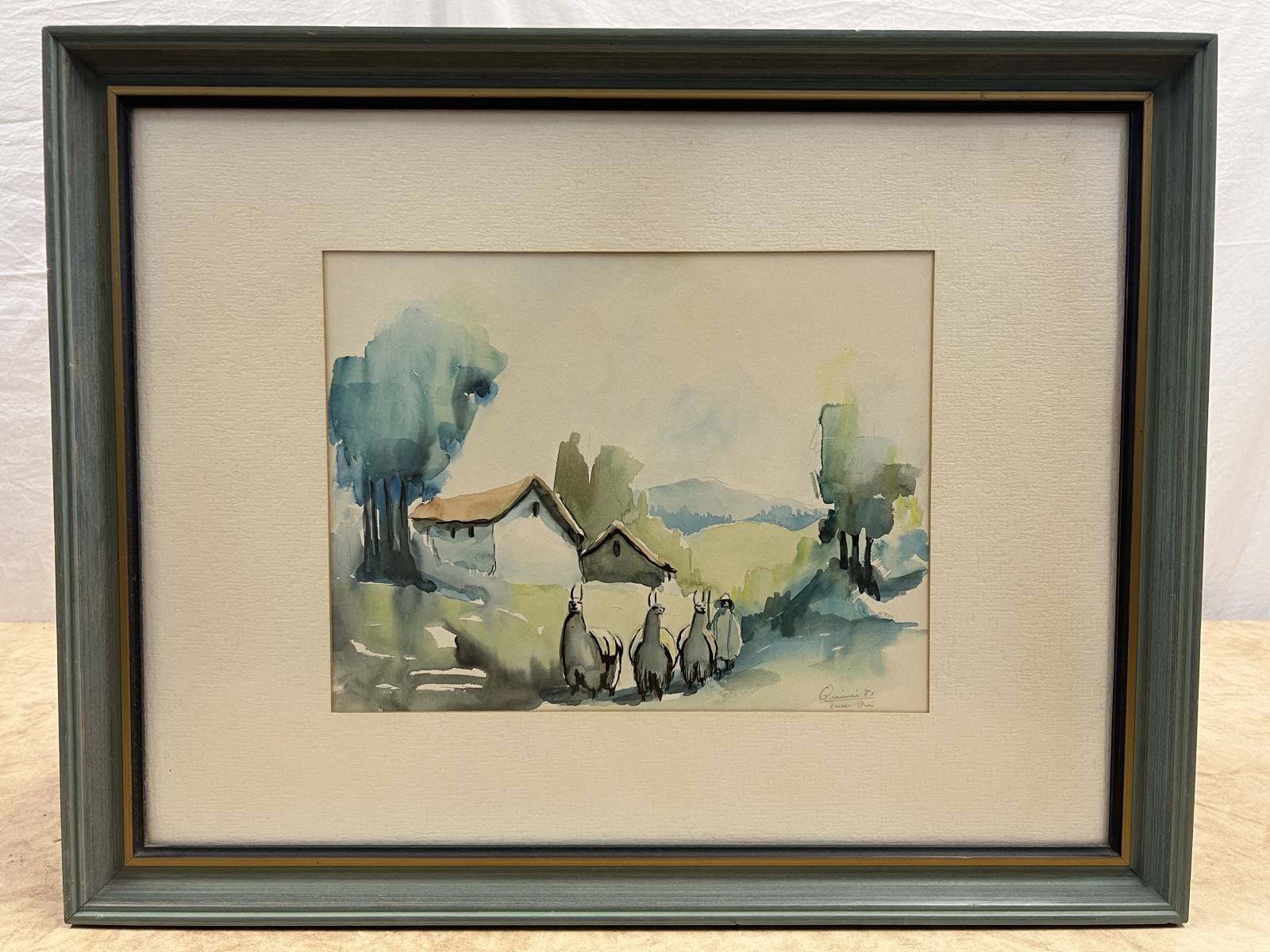 Vintage Peruvian Andean Llamas Watercolour Framed