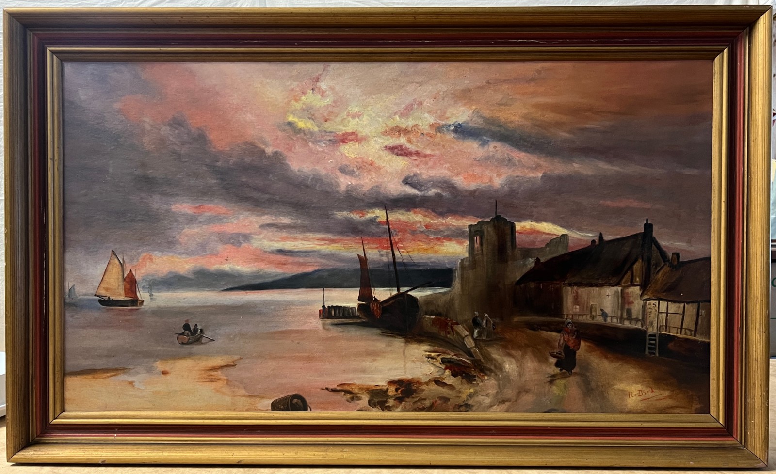 Framed Isla Bird Coastal Sunset Harbour Oil