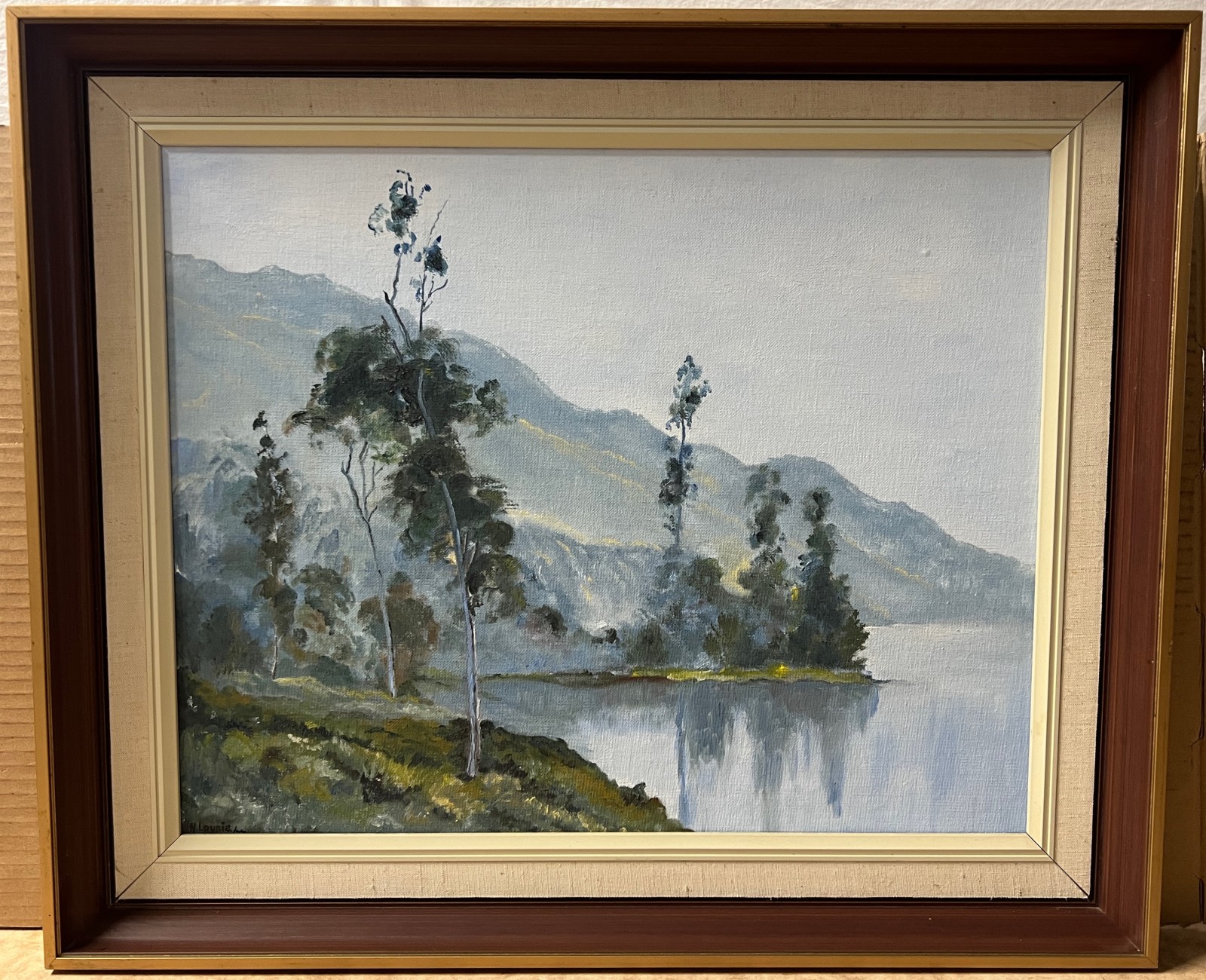 Framed N. Lourie NZ Lake Landscape Oil