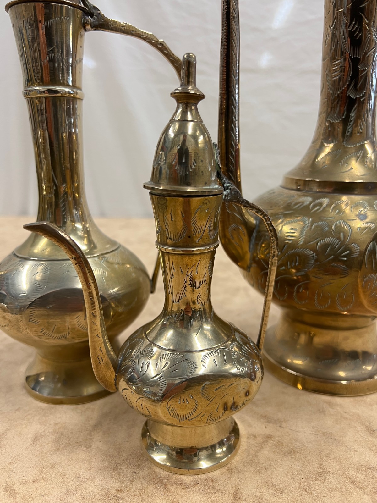 Set of 3 Large Etched Brass Middle Eastern Ewers
